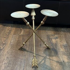 Arrow Tripod Metal Pillar Triple Candle Holder Gold Look‎ Distressed
